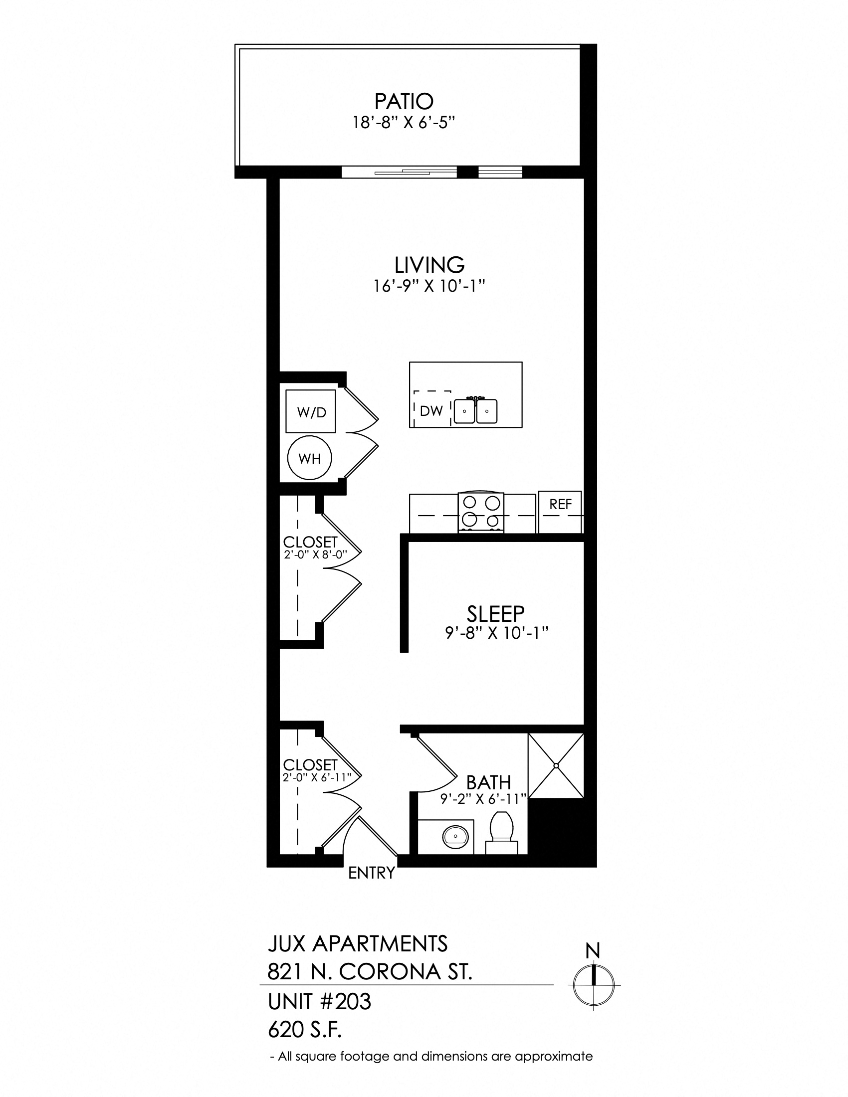 Floor plan for 1 bed, 1 bath, 665 sqft